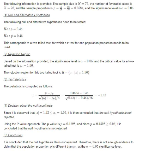 The following information is provided: The sample size is N 76, the number of favorable cases is X 28, and the sample proport
