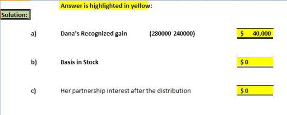 Answer is highlighted in yellow: Solution: Danas Recognized gain (280000-240000) $ 40,000 b) Basis in Stock $0 Her partnersh