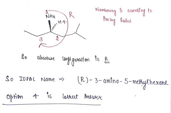 Auto Numbering it Quarreling to R LH4 Prelog Rules al So absoluse Configuration Is R Pule So IUPAC Name => (R)- 3-amino-5-met