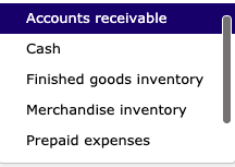 Accounts receivable Cash Finished goods inventory Merchandise inventory Prepaid expenses