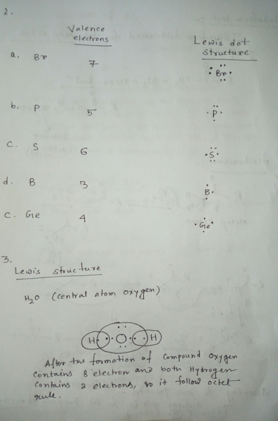 Valence electrons Lewis dot structure а. Вт 7 Bri b. Pano c. S d. B c. Ge 3. Lewis structure H₂O (central atom oxygen) After