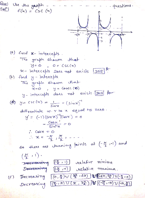 Que -Sol) Use the south - - f(x) = CSC (2) - - - questions, L - E 25 Txor (a) find x-intercepts. - The graph shown that . y=