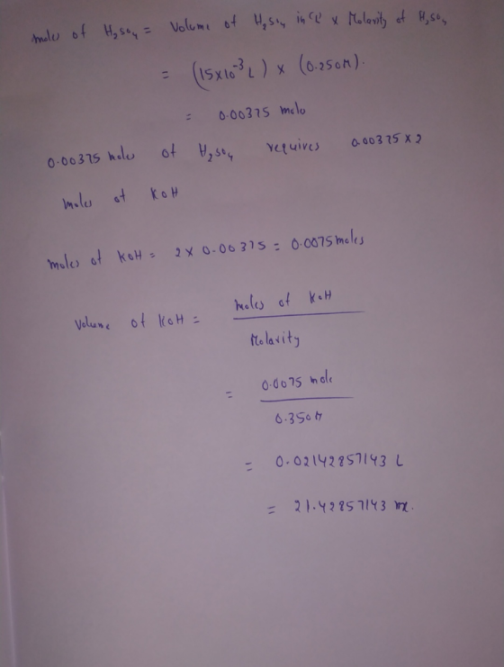 smole Molarity of H,so of Hy soy = Volume of Hesly in 2 x = (15x103), (0.250M). = 0.00315 molo of Hy sou requires 2003 15 X2