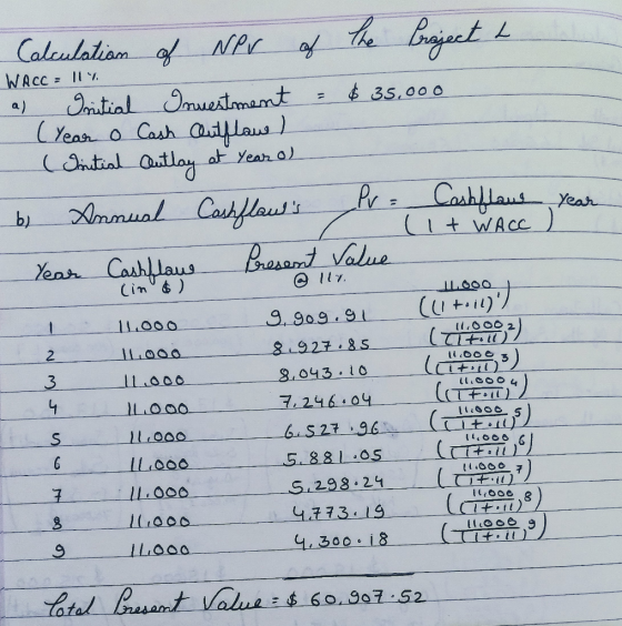 Calculation of NPV of the Project 1 WACC = 11 a Initial Investment = $35.000 ( مسملاليه ليما وعملا) Initial Outlay at year of