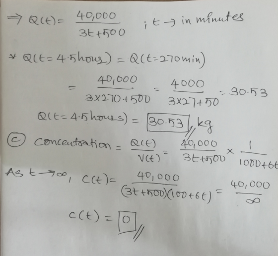 Q(t) = 40,000 it in minutes 3t+500 * Qlt=4.5hous) = Q(t=270 min) - 40,000 - 4000 © - 30.53 3x270 +500 3x27+50 Q(+= 4.5 hours)