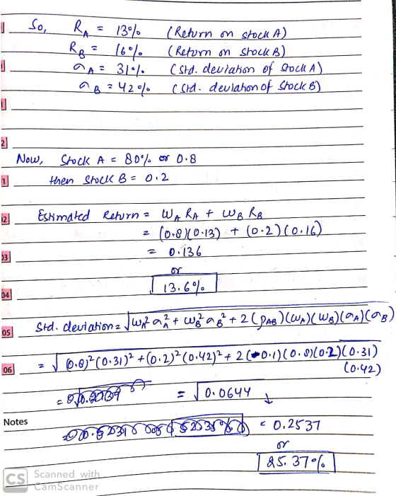 I so, RAF 13% RB = 16% AA 2 31° a82420% (Return on stock A) (Return on stock B) Csta. deviation of shoell A) (stel. deviation