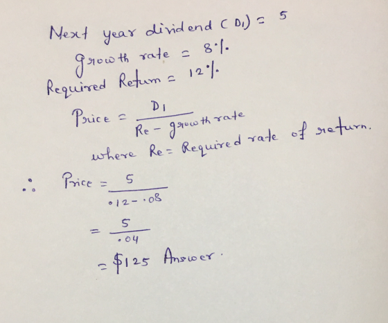 Next year dividend CD) = 5 growth rate = 8% Required Retum = 12% Price = Di Re- growth rate where Re- Required rate of return