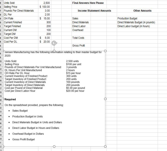 Final Answers Here Please Income Statement Amounts Other Amounts 5 Units Sold * Selling Price 7 Pounds Per Direct Materials 3