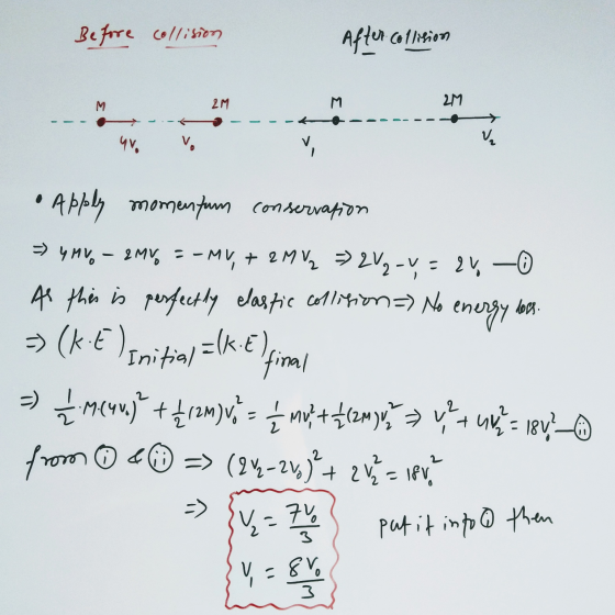 Before collision After collision M 2M M 2M 40 V ป > • Apply momentum conservation = 4 MV - QMVO = - MV, + 2 MV2 = 2V 2-Y = 24