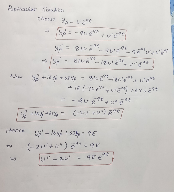 Particular solution choose p=uelt » Typ = -queet tulegt yp - -96 olu egt -quient 9 8 lutolat olueet_18ulegt tulle at => 9p y