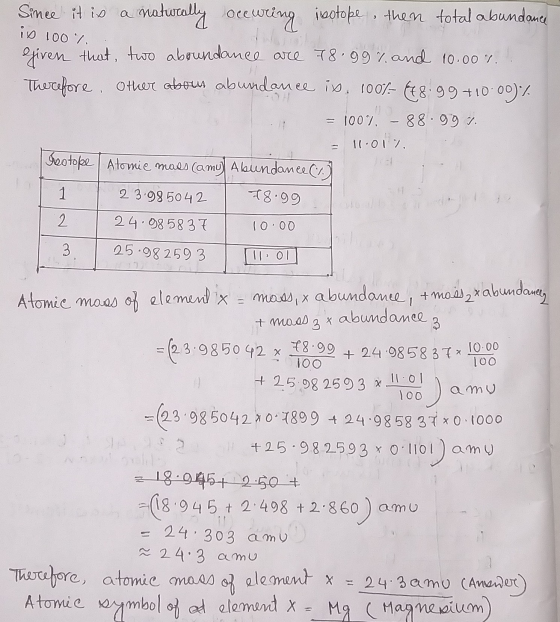 is 100%. Since it is a matwcally occurring isotope . then total abundance Given that, two aboundance are 78.99 % and 10.00 %.