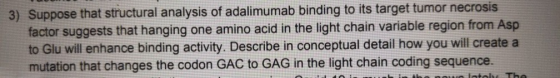 3) Suppose that structural analysis of adalimumab binding to its target tumor necrosis factor suggests that hanging one amino
