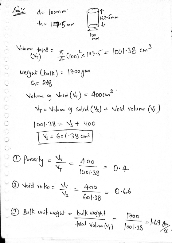 d= 100mm h = 127.5mm 127.5mm mm Volume total = true 127-5=100 DoOOooooooooooooooo UW weight (bulk) = 1700gm G= 268 Volume by