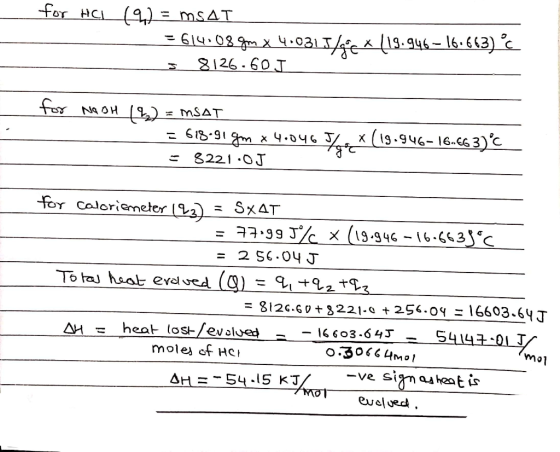 for HCL (9) = mSAT = 614:08 gm x 4.031.54cx (19.946-161663) °c 3 8126-60J for NOSH (2) = mSAT = 618.91 gm x 4.046 Fox (19.946