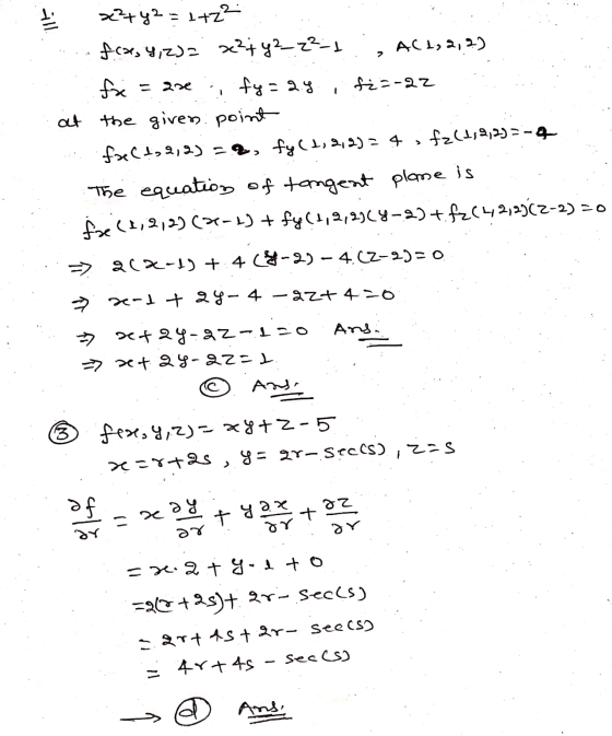 = 2n 브 x²+42 = 1+ z² fres 9,2)= x²+42_22_1 AC 1, 2, 2) fre i fy=24 f2=-22 at the given point frect,2,2)=9, fy(1,2,4)= 4 , fz(