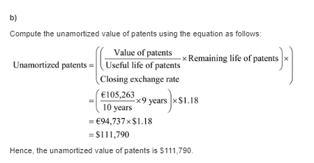 Compute the unamortized value of patents using the equation as follows: Remaining life of patents Unamortized patents Value o