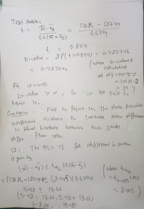 Test Statistics t = S, E. (au-K9) zu - Kg 139.96 - 127.44 6.6794 t 10-value 0.8114 a Plt>0.8114) = 0.423746 (where prvaluare