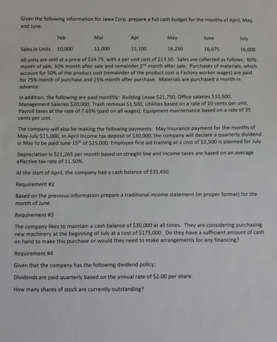 Given the following information for Jawa Corp. prepare a full cash budget for the months of April, May. and June. Feb Mar Apr