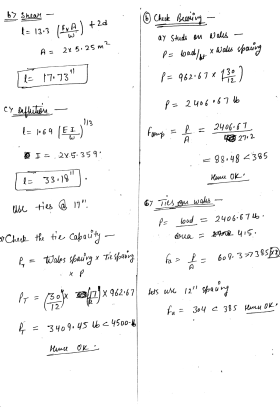 by Shear &= 13.3 ② Check Bearing - (ym) +20 ay Studs on walls A= 2x 5.25m? P= load/ut x walls sparing P= 962.67 x 432) 11 la