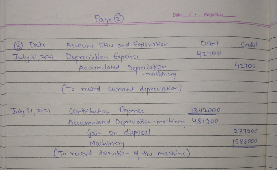 Date: _Il_Page No.:_ Page ② Credit . Date July 31, 2021 Debit 42700 Account Titles and explanation Depreciation Expense - Acc