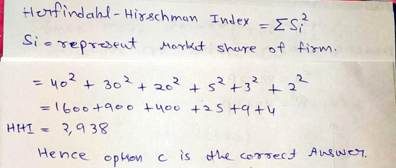 Herfindahl-Hirschman Index = {S? Sia represent market share of firm. = 40² + 30² + 20² + ²+ 3² +2² = 1 bootgoo +4oo tastatu H
