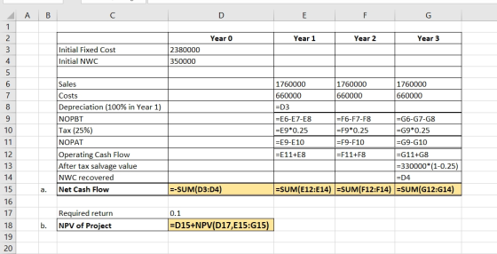 ДА В D E I FG Year o Year 1 Year 2 Year 3 Initial Fixed Cost Initial NWC 2380000 350000 Sales Costs Depreciation (100% in Yea