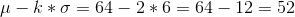mu - k*sigma = 64 - 2*6 = 64-12 = 52