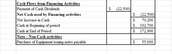 S (22,500) Cash Flows from Financing Activities Payment of Cash Dividends Net Cash used by Financing activities Net Increase