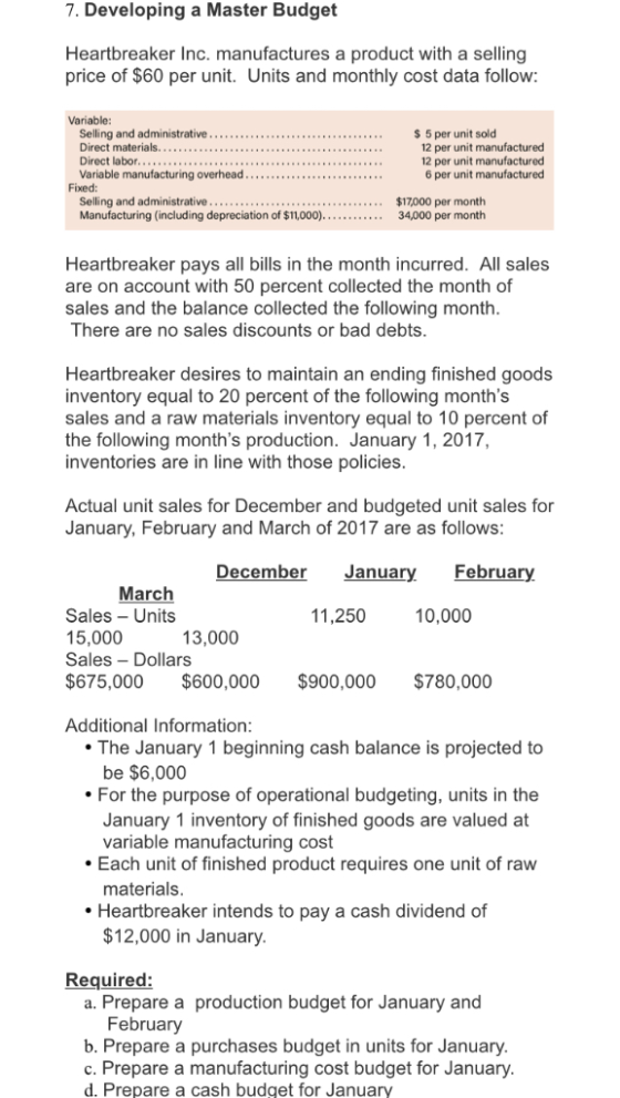 7. Developing a Master Budget Heartbreaker Inc. manufactures a product with a selling price of $60 per unit. Units and monthl