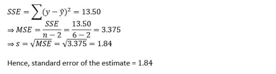 SSE = Σ(y-97 = 13.50 SSE 13.50 n-2 6- 3.375 s= MSE =13.375 = 1.84 Hence, standard error of the estimate 1.84