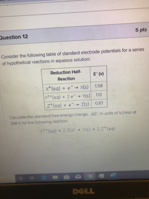 5 pts Question 12 Consider the following table of standard electrode potentials for a series of hypothetical reactions in aqu