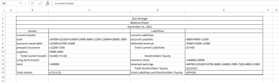 B6 X f r Current Assets Zips Storage Balance Sheet December 31, 2021 Assets Liabilities Current Assets Current Liabilities ca