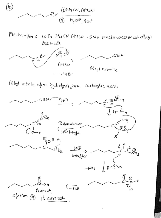 m Br! NU (Nomso . ③ 104, neat Mechanism :) with Na a OMSO SNQ reaction occurat Alky) Bromide. Br / No CEN > - Drso Alkyl nitr