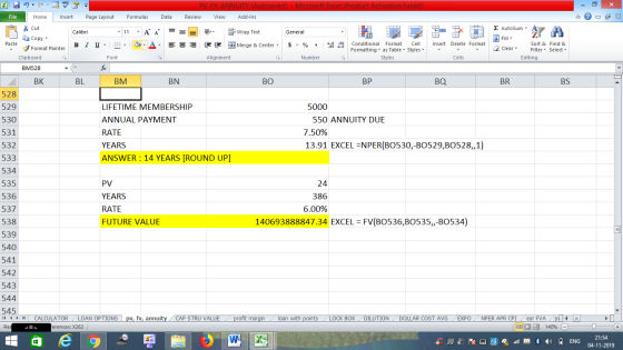 PV, FV, ANNUITY (Autosaved) - Microsoft Excel (Product Activation Failed) Review View Add-Ins File Home Insert Page Layout Fo