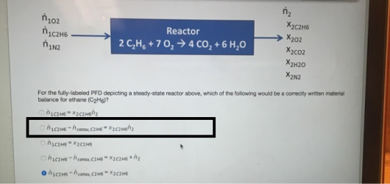 X2C2H6 X202 X2CO2 X2H20 X2N2 102 Reactor 2C2H6+702 → 4 CO2 + 6 H2O 1N2 For the fully-labeled PFD depicting a steady-state rea