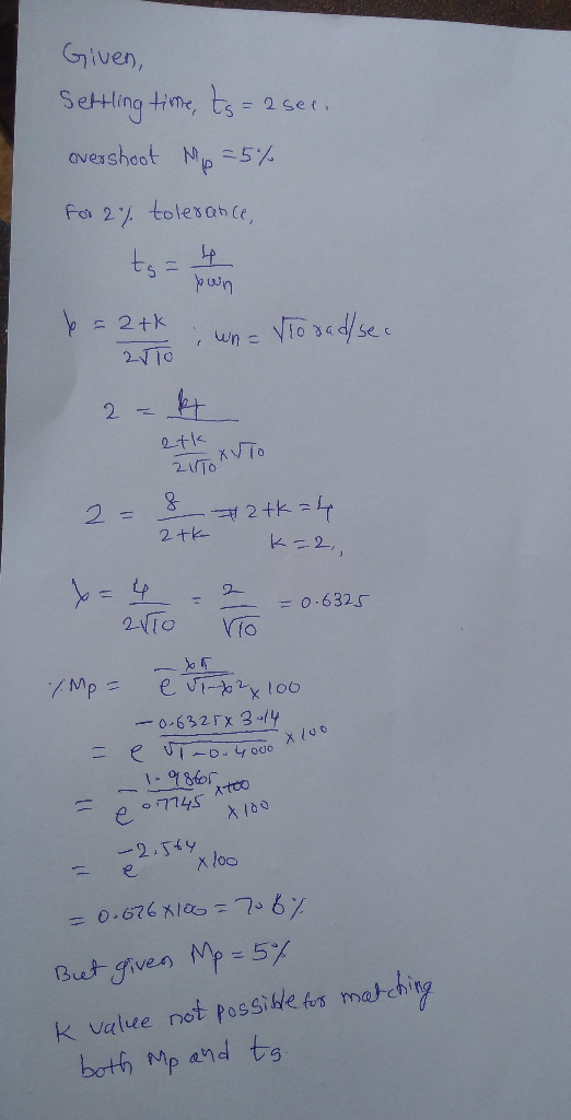 to = i wna Vlorad/sec - e -0.000 X 100 Given, Settling time, ts=2 sec overshoot Mp=5% for 2% tolerance, 4 pun = 2+k 2010 2 k