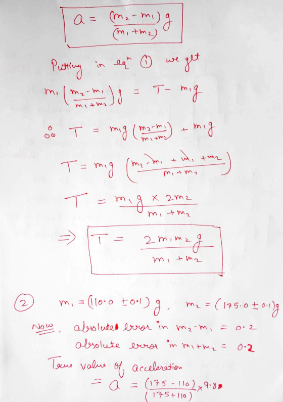 = mz- Putting in een ☺ we get m. la toma de - T-mig T = my (onts) - mig T= mig (m. in the town) T= mig x 2m2 9 X 2 m2 m, tm2