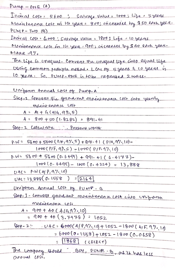 Pump - ONE (A) Initcal cost 2 5600 Salvace Value = Iooo Lte - 5yees goo encreases hmy 950 eah yoL Maintenene cost en 1st yean
