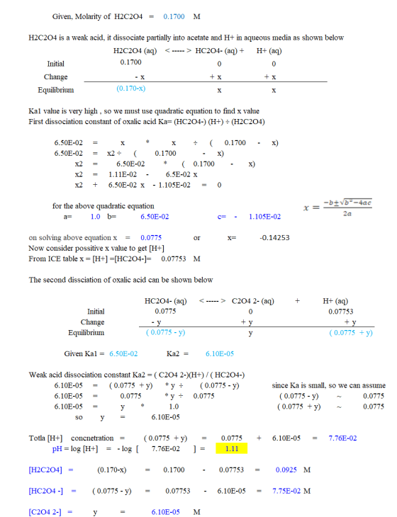 Given, Molarity of H2C204 = 0.1700 M H2C204 is a weak acid, it dissociate partially into acetate and H+ in aqueous media as s