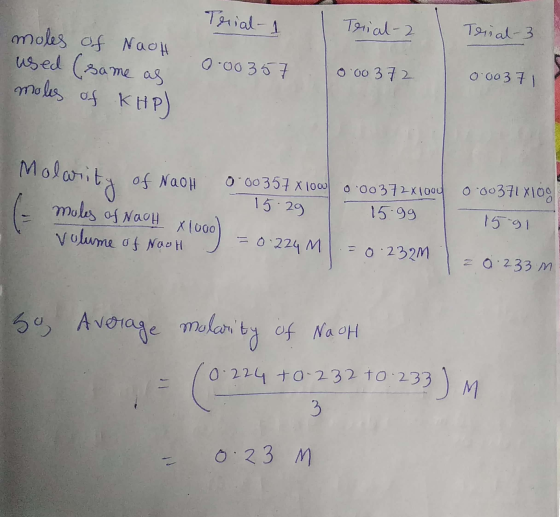 Terial-1 Terial-2 Tersal-3 moles of Nach used (same as moles of KHP) 0.00357 0.00372 0.00371 Molarity of NaOH 0-00357 x 1000