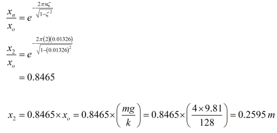2πης х n =e x 21(2)(0.01326) V1-(0.01326) X2 =e x 0 = 0.8465 mg x2 = 0.8465xx, = 0.8465x k = 0.8465x 4x9.81 128 = = 0.2595 m