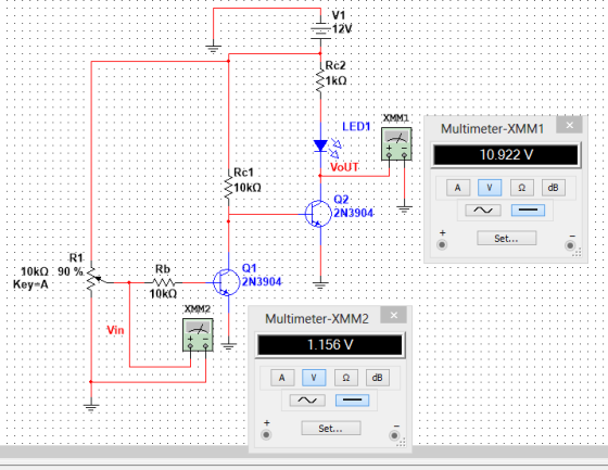 vi 12V Rc2 1k02 XMMI LED1 Multimeter-XMM1 10.922 V VOUT Rc1 1050 A V 2 dB Q2 2N3904 + Set... R1 10KQ : 90 % Key A Rb Q1 2N390