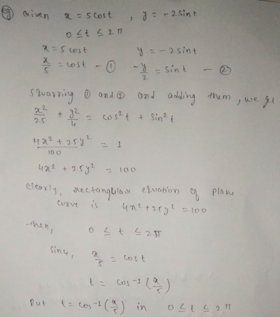 riven a = 5 cost , y = -2sint olt <2m x-5 cost x - cost . 5 -0 yar zsint - y = Sint @ 2 them Suarning 0 and and adding + y2 =