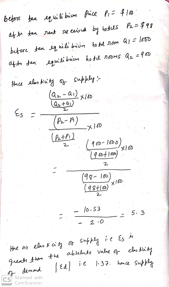 Before tau equilibrium Price Pi= $100. . afan dan rent se ceived by hotus P2 =$98 before tan equilibrium hotel room Q1 = 1000