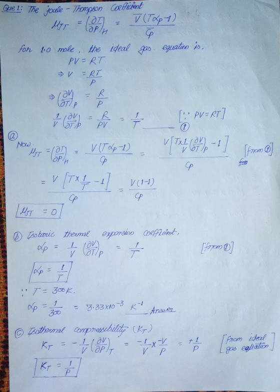 = Que l: The joule - Thompson coefficient MIT v (T&pt) G for 1.0 mole, the ideal gas equation is, PV=RT V = RT Р R Р .an дт/
