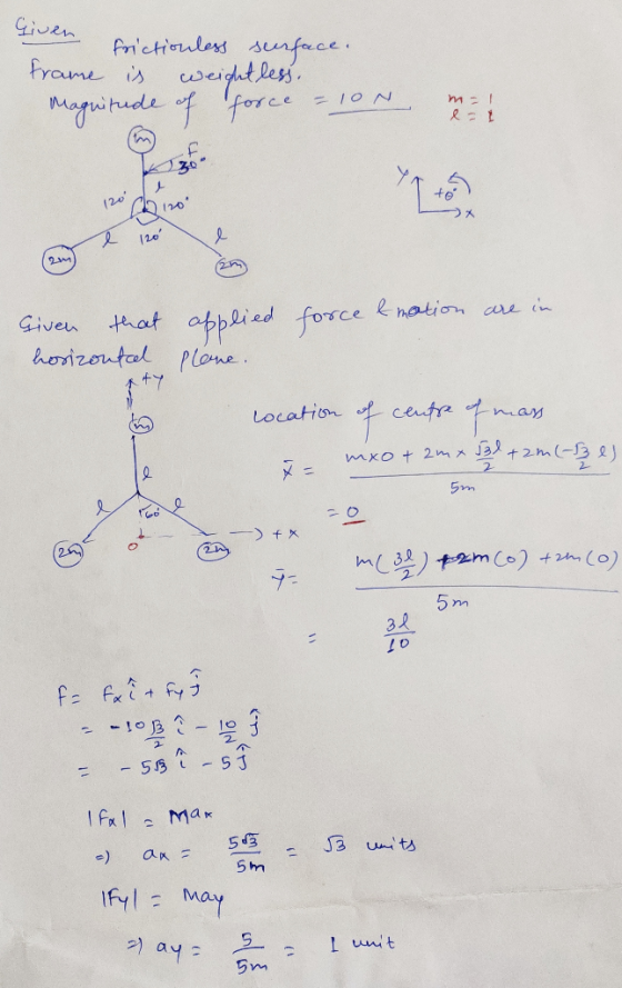 liven frictionless surface. frame is weight less. Magnitude of force = 10N ma ! e = 1 moglo e 120 e force & motion are in Giv