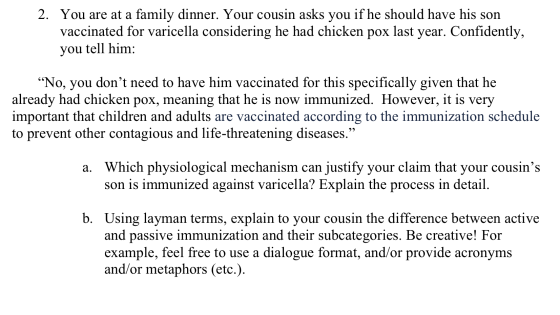 2. You are at a family dinner. Your cousin asks you if he should have his son vaccinated for varicella considering he had chi