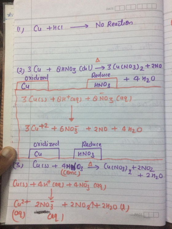 DATE (1) Cu the No Reaction (3) 3 Cu + BHNOz Coil) -- 3 Cu(NO3)2 + 2NO oxidized Cul Reduce + 4H2O + 4 no HNO₃ 1 3 fucs) +@u+c