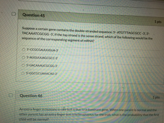 D Question 45 1pts Suppose a certain gene contains the double-stranded sequence: 5- ATGTTTAGCGCC-3, 3- TACAAATCGCGG-5, If the