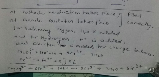 at cathode reduction takes place, z filled at anode oxidation takes place correctly, for Balancing oxygen, H₂o is added and f